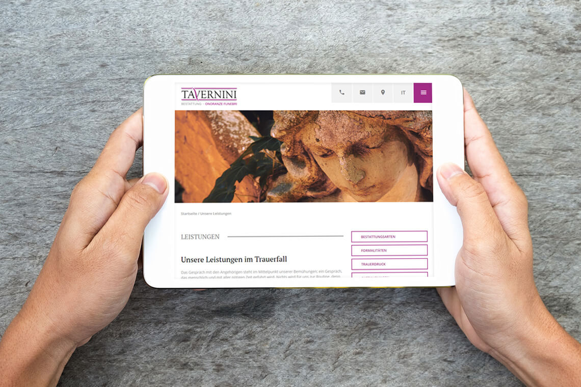 Bestattung Tavernini Tablet | Referenz Webseiten für Bestatter © Elektronik Printing