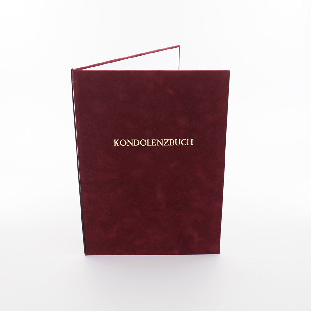 Kondolenzbuch aus Velour, in rot, mit Goldfolienprägung | Produkte für Bestatter © Elektronik Printing