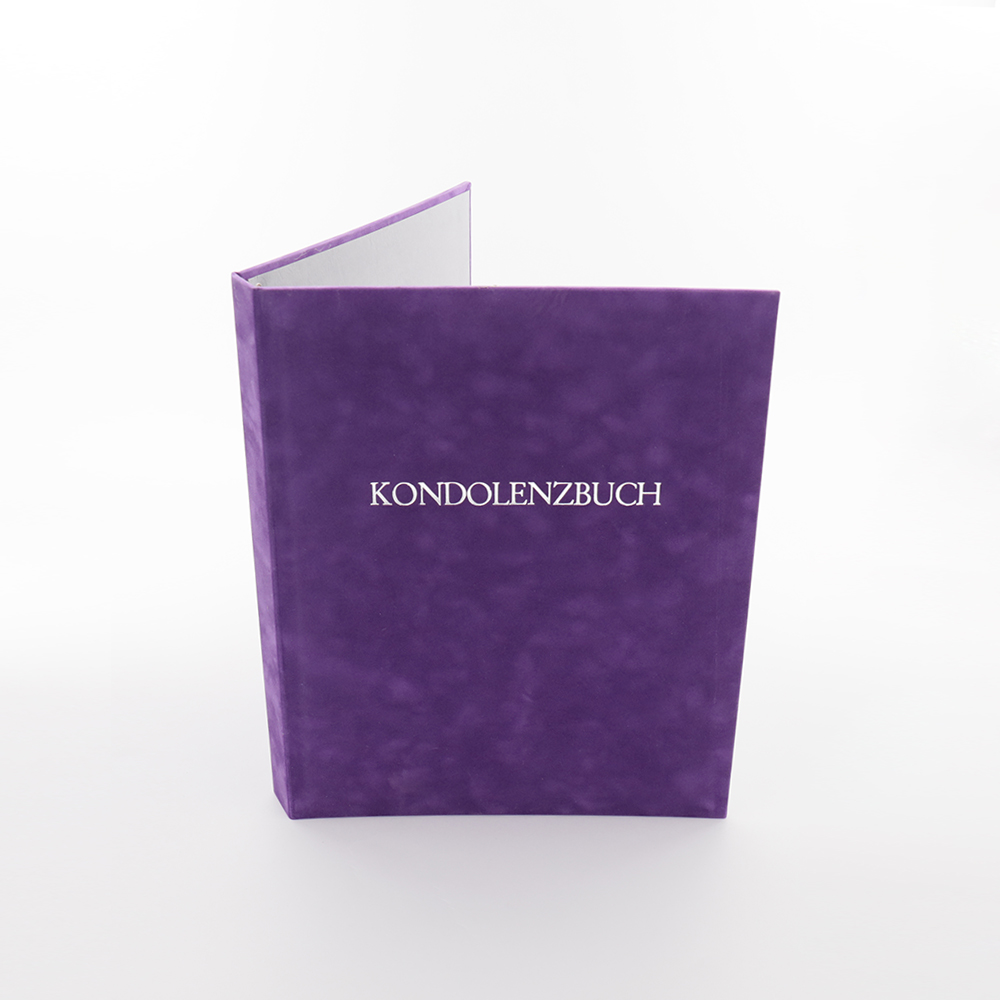 Kondolenzbuch aus Velour, in lila, mit Goldfolienprägung | Produkte für Bestatter © Elektronik Printing