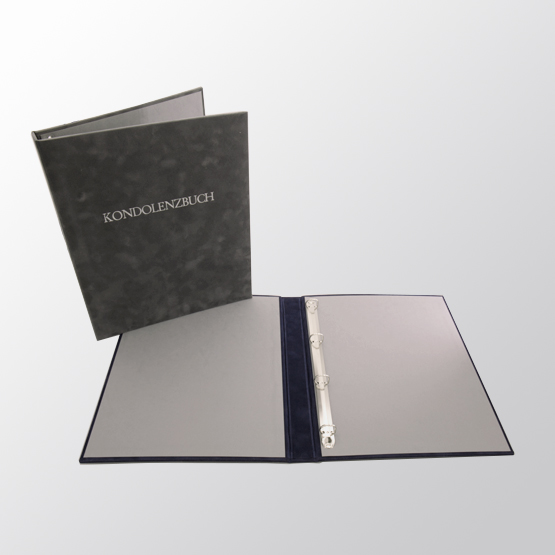 Kondolenz-Ringbuch mit Ringen aus grauem Samt | Produkte für Bestatter © Elektronik Printing